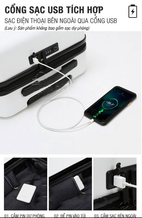 Cổng sạc USB tích hợp sạc điện thoại bên ngoài vali